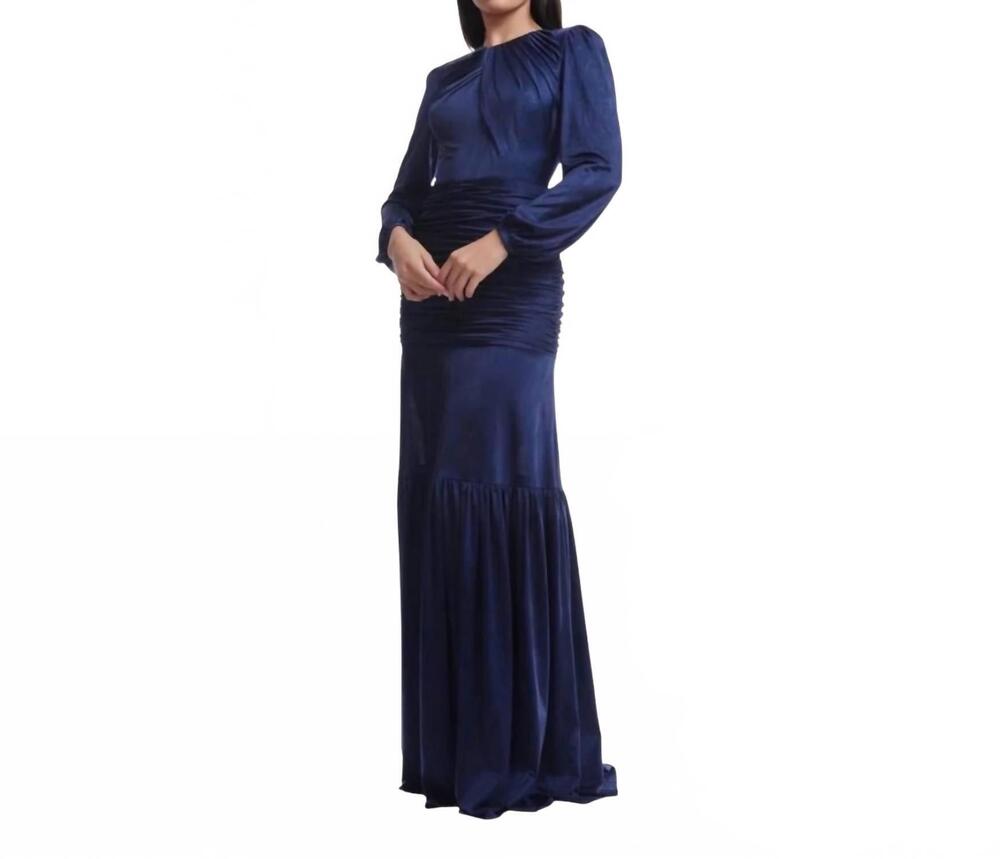 NEW DRESS THE POPULATION women's lucille pleated ruched long sleeve gown in midn